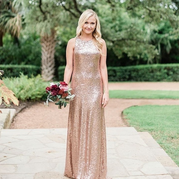 REVELRY ASTIR ROSE GOLD SEQUIN STRETCH SLEEVELESS BRIDESMAID FORMAL GOWN - Picture 1 of 12